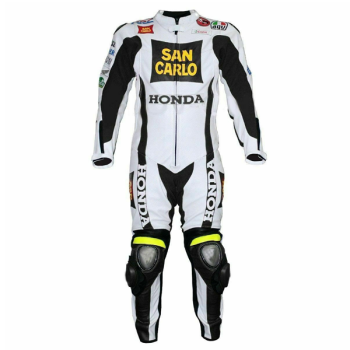 Men Honda San Carlo White Racing Motorcycle Leather Suit Jacket Pant Handmade