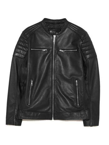 Leather Biker Jacket With Quilted Shoulders