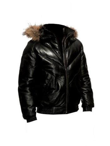 Mens Black V Bomber Hood Leather Jacket