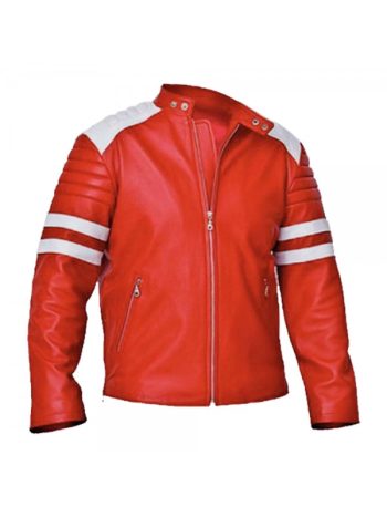Red With White Strips Style Leather Fashion Jacket