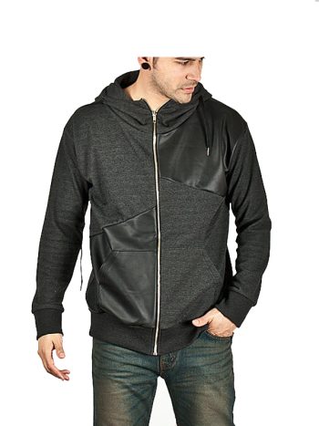 Striking Symmetric Leather Contrast Accent Zip Hoodie