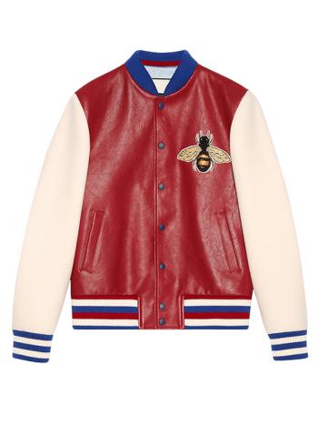 Bee Embroided Bomber Style Leather Jacket