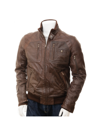 Brown Rib Bomber Style Leather Jacket