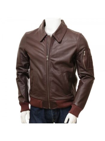 Brown Rib Classic Bomber Style Leather Jacket