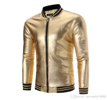 Golden Vinyl Biker Men’s Bomber Leather Jacket