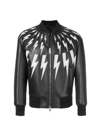 Lightning Bolt Printed Style Leather Bomber Jacket