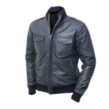 Men Blue Bomber Leather Jacket