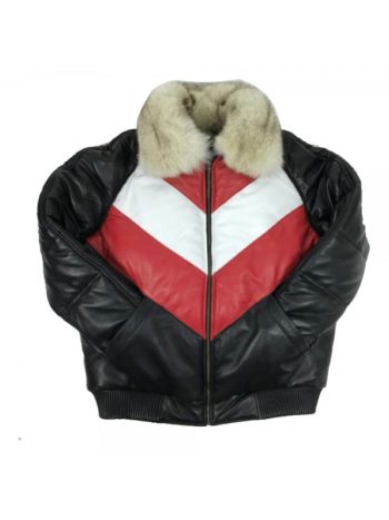Mens Bomber Multicolor Lambskin Leather Jacket With Fox Fur Collar