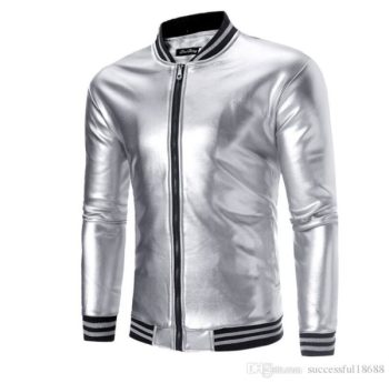 Silver Vinyl Biker Mens Bomber Leather Jacket