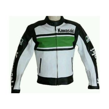 White CowhiNew Handmade Men Kawasaki Black de Racing Motorcycle Leather Jacket