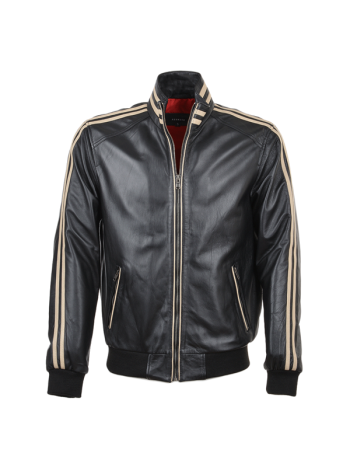 Striped Collar Bomber Style Leather Jacket