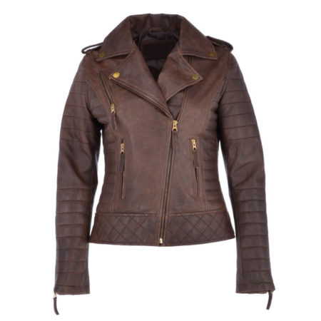 Brown leather biker jacket for womens