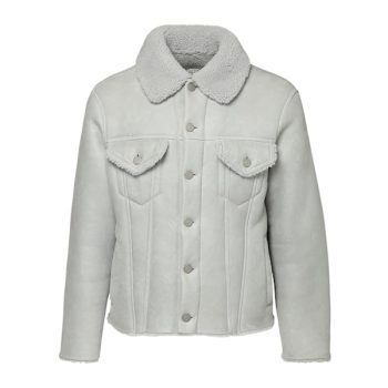 Two Breast Pockets White Shearling Leather Jacket
