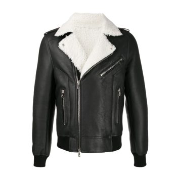 White Fur Collar Shearling Leather Jacket