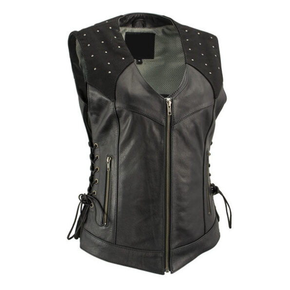 Ladies-Winged-Black-Studded-Leather-Vest-with-Side-Laces-and-Reflective-Wings-600×600