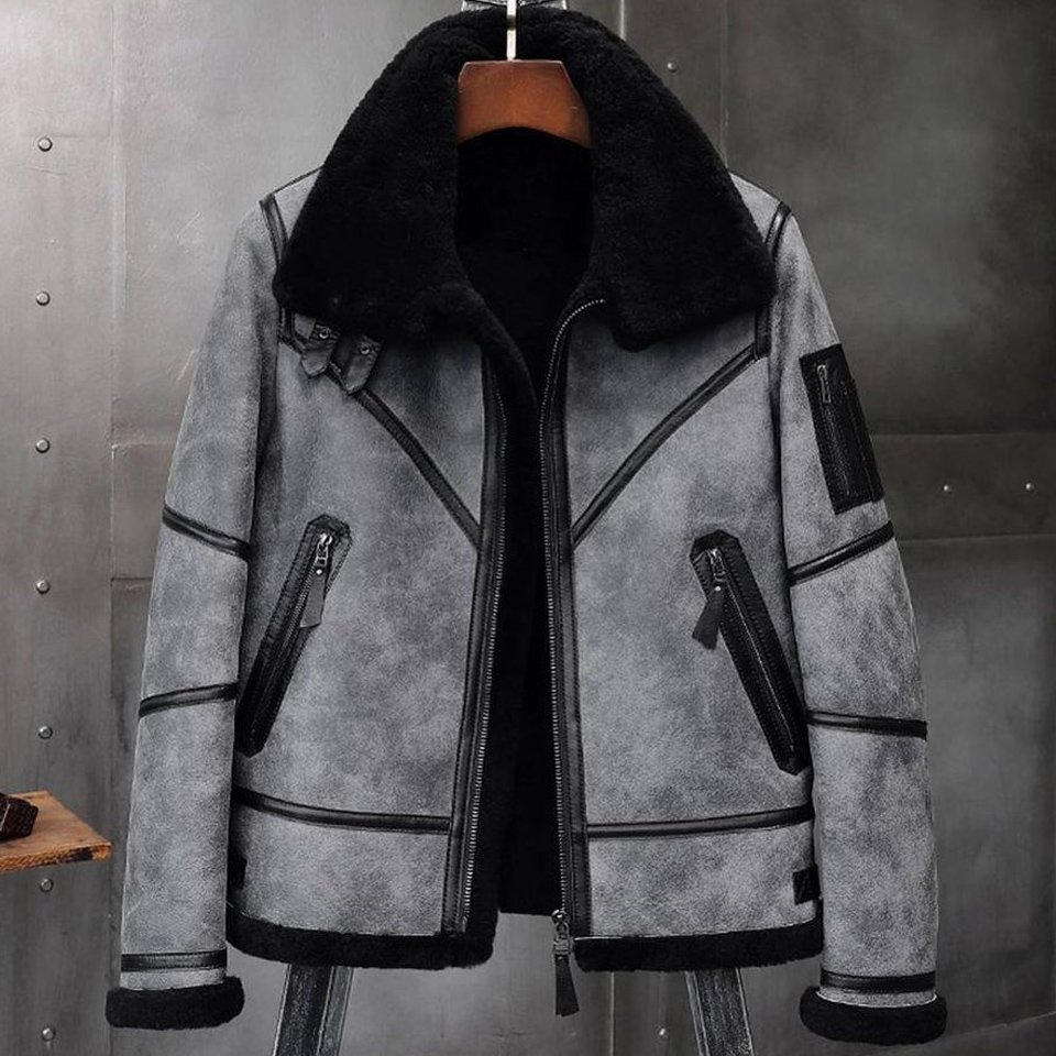 Gray B3 Shearling Bomber Jacket For Men