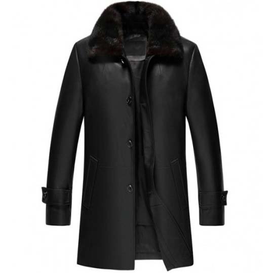 Mens Black Shearling Collar Sheepskin Leather Three Quarter Length Coat