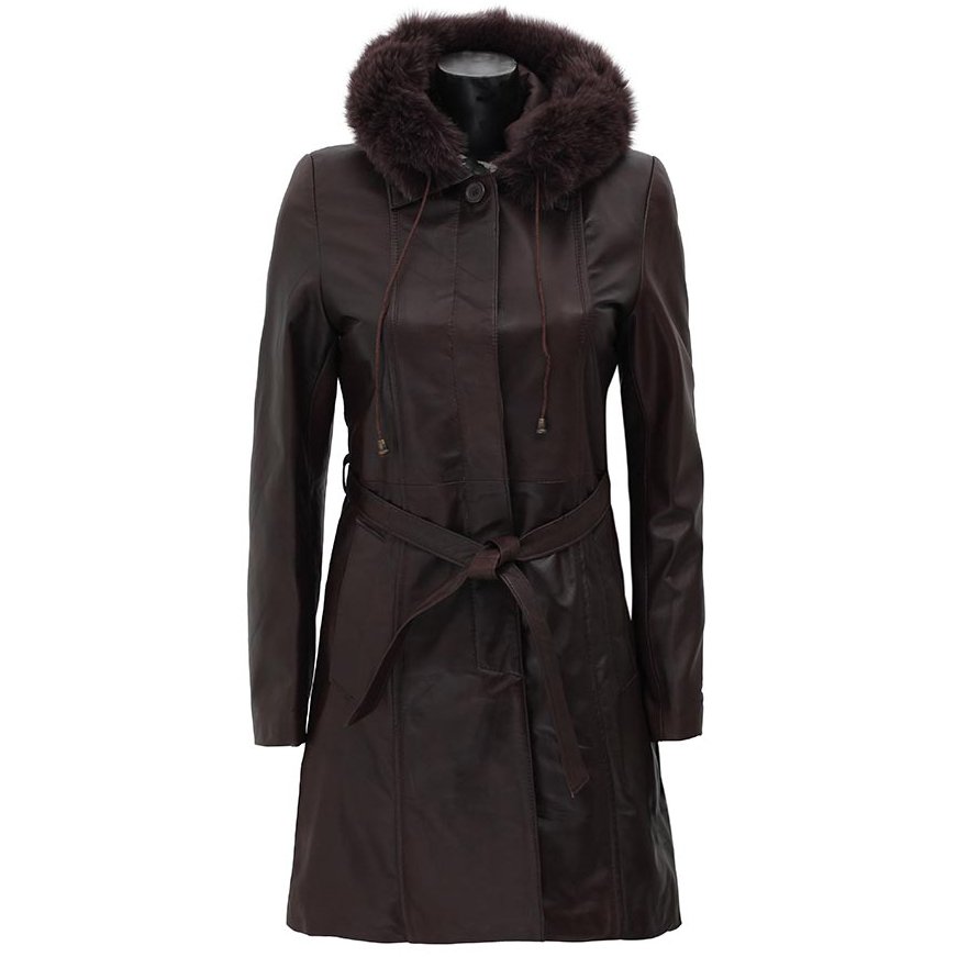 Hooded Womens Leather Dark Brown Faux Shearling Coat