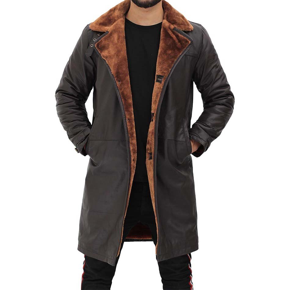 Mens Dark Brown Shearling Leather Trench Coat