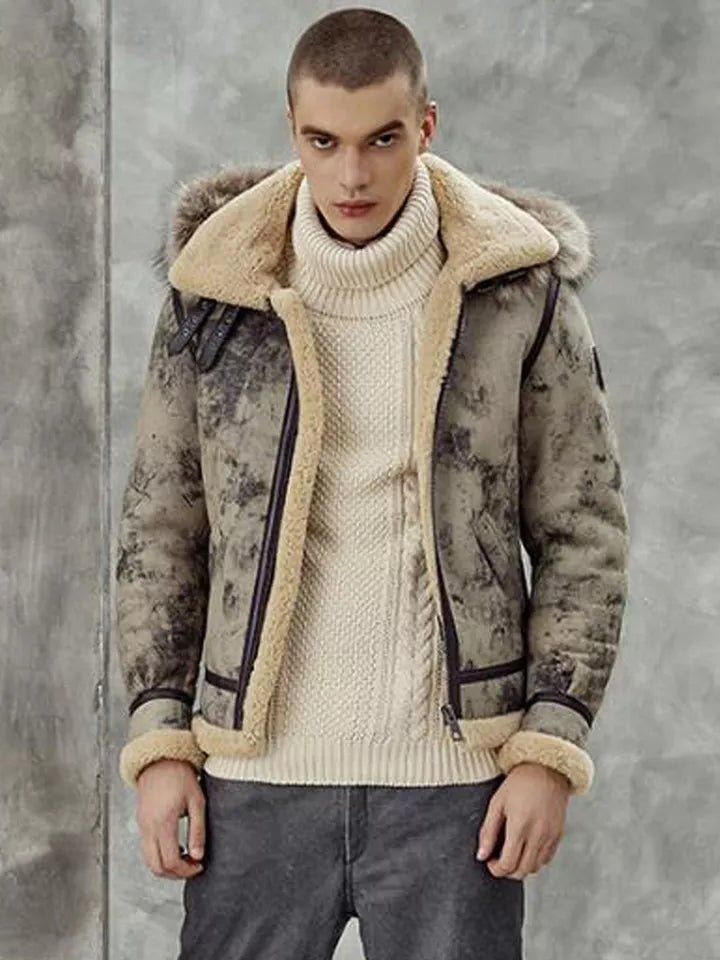 Men’s Aviator B3 Flight Bomber Removable Hood Premium Shearling Jacket 2022