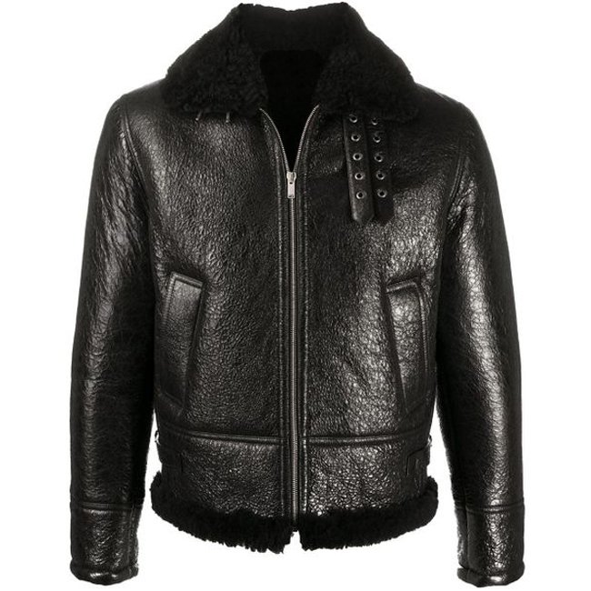 Mens Black Long-sleeve Shearling-trim Jacket