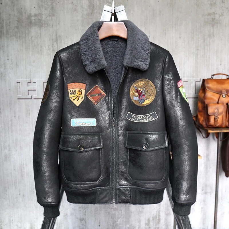 Mens Black Military Sheepskin Fur Aviator Leather Jacket