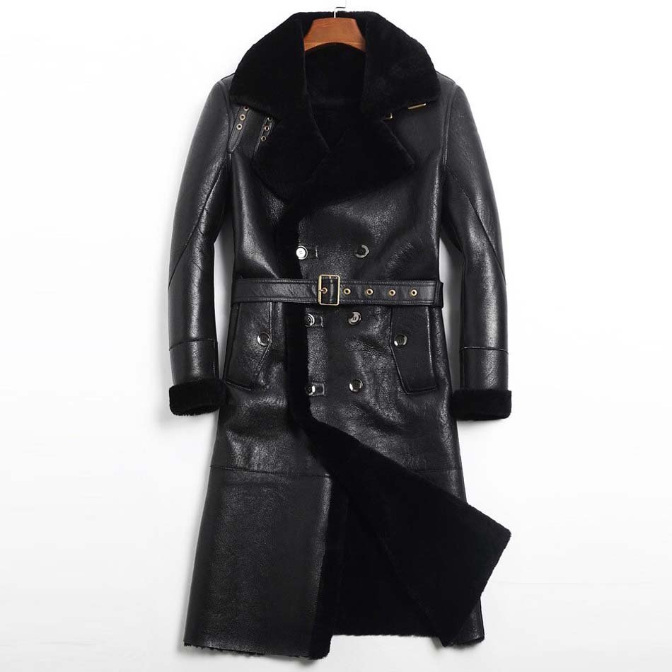 Mens Black Shearling Sheepskin Leather Long Coat