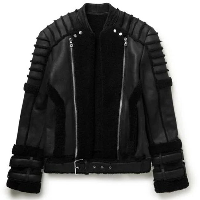 Mens Black Slim-fit Shearling Biker Jacket