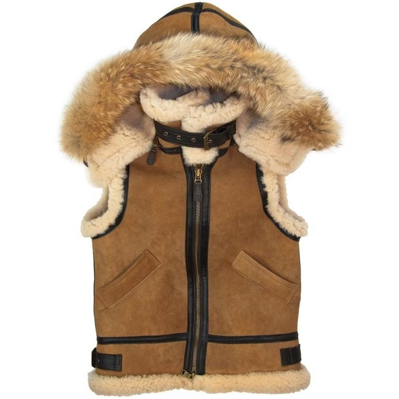 Mens Brown B3 RAF Aviator Flying Flight Pilot Hooded Vintage Shearling Fur Vest