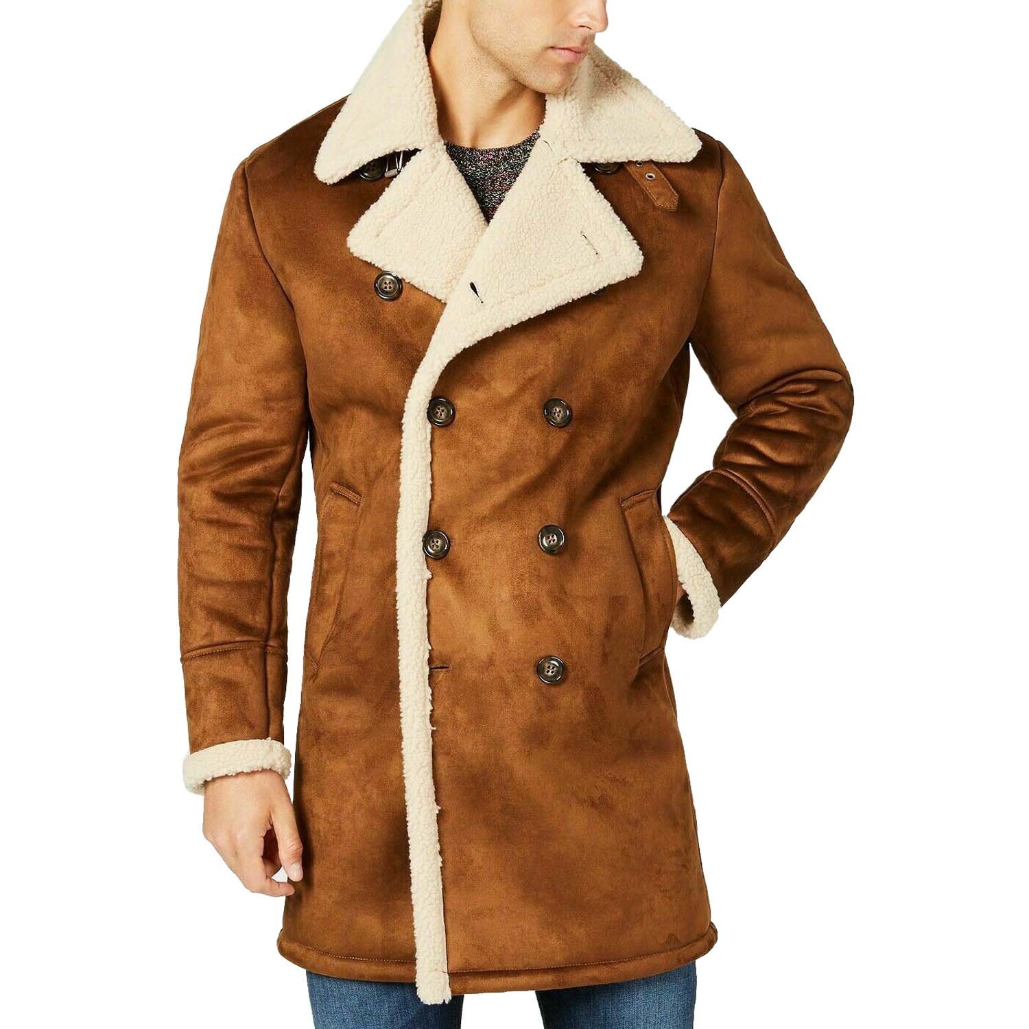 Mens Brown Faux Shearling Sheepskin Overcoat Coat