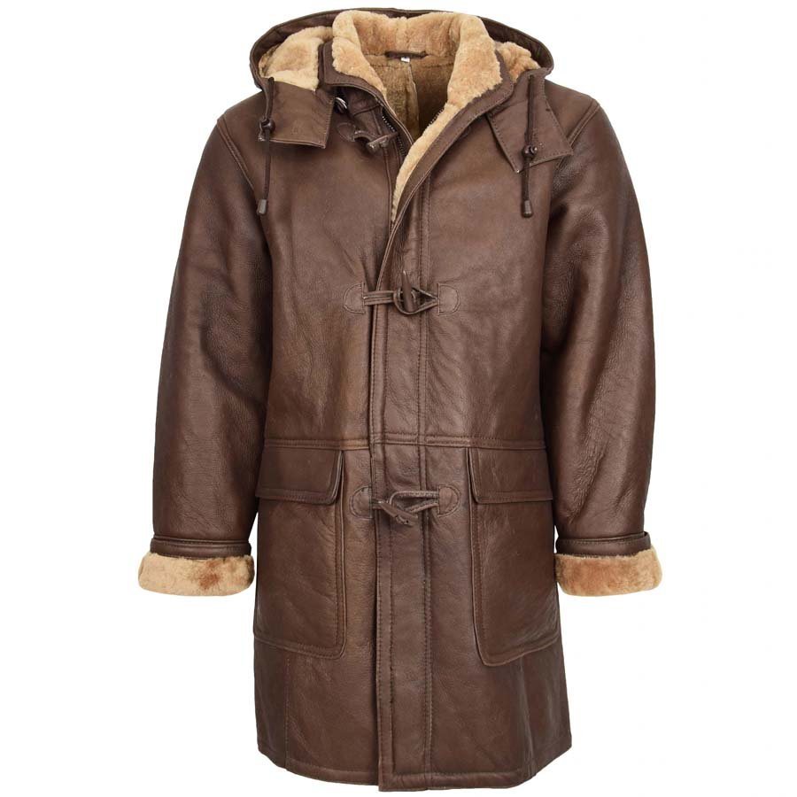 Mens Brown Ginger Shearling Sheepskin Duffle Coat