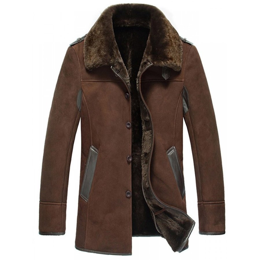 Mens Brown Shearling Reacher Style Sheepskin Fur Coat
