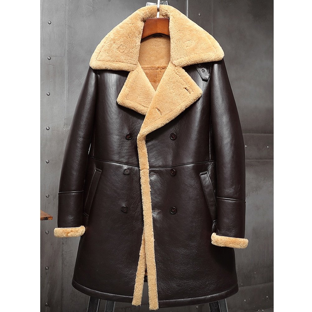 Mens Sheepskin Aviator Long Winter Fur Trench Coat