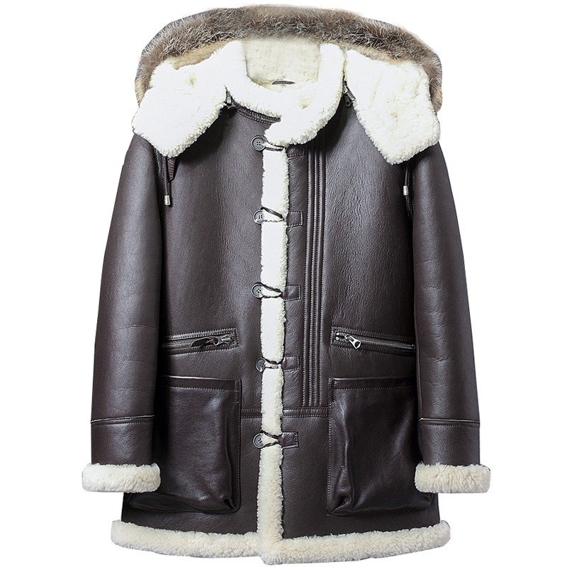 Mens Sheepskin Shearling Parka Coat with Detachable Hood