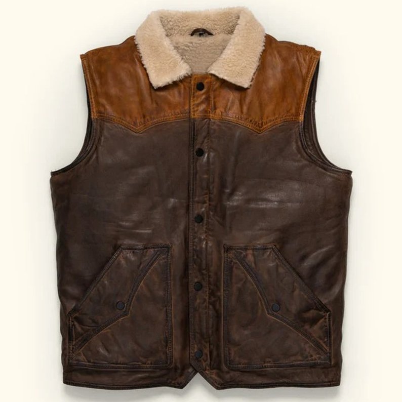 Mens Tan Brown Leather Sherpa Vest