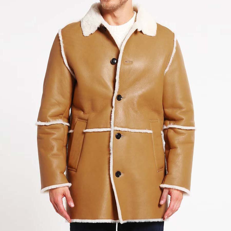 Mens Tan Brown Shearling Sheepskin Car Long Coat
