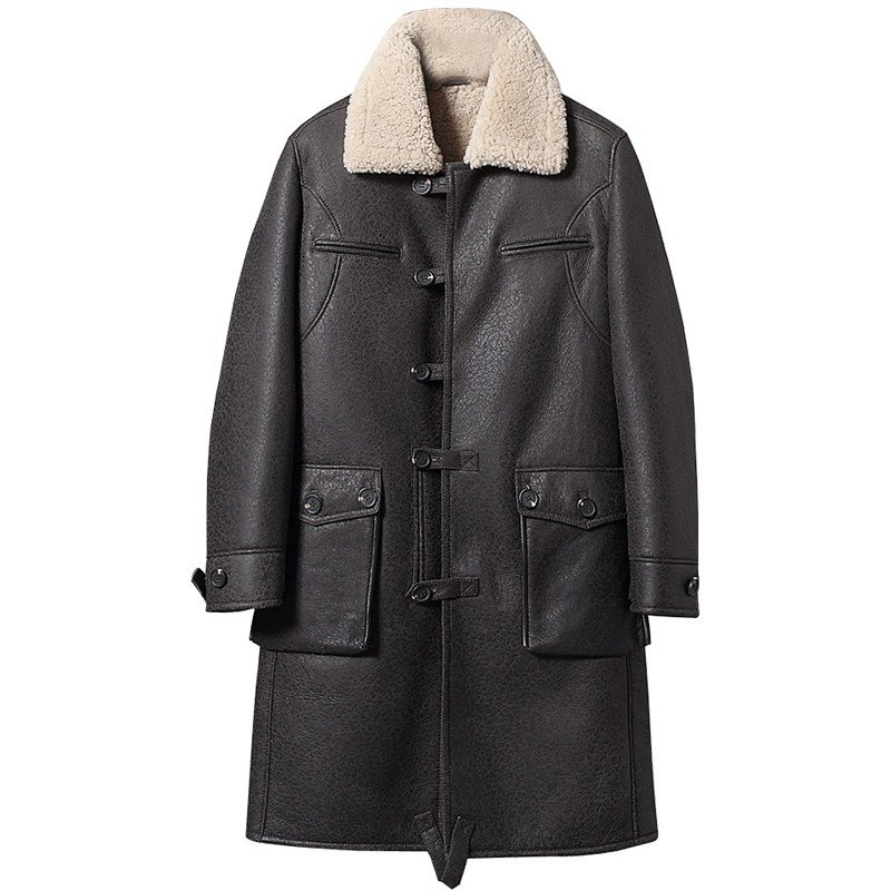 Mens Vintage Sheepskin Leather Trench Coat