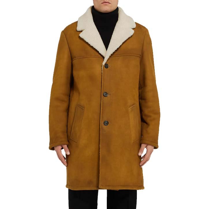 Mens Yellow Leather White Faux Shearling Sheepskin Coat