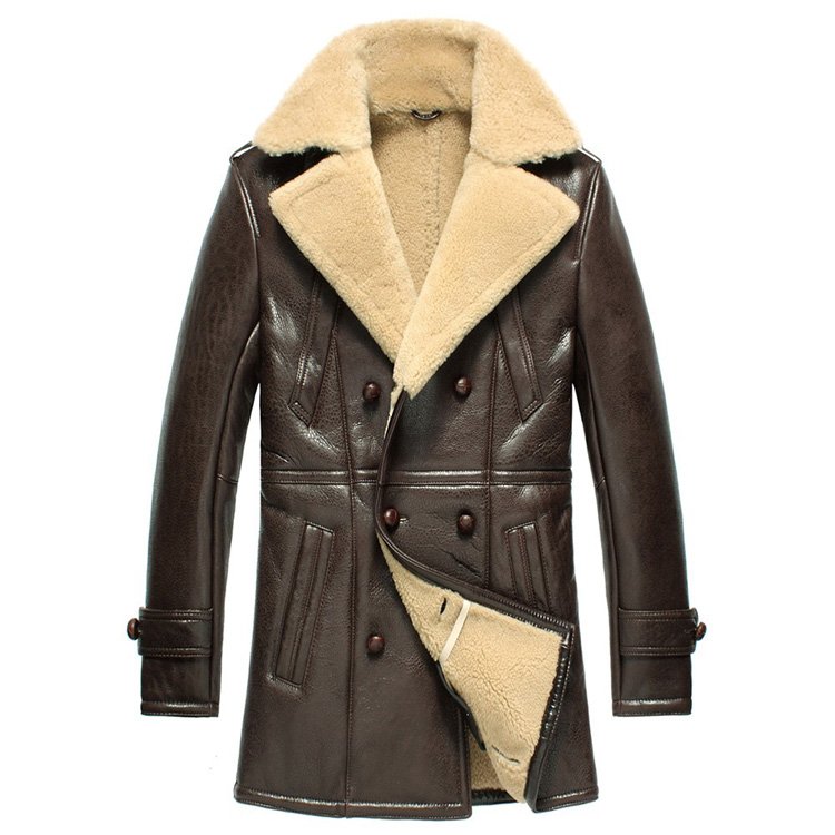 Mens Double Breasted Sheepskin Shearling Sheepskin Coat