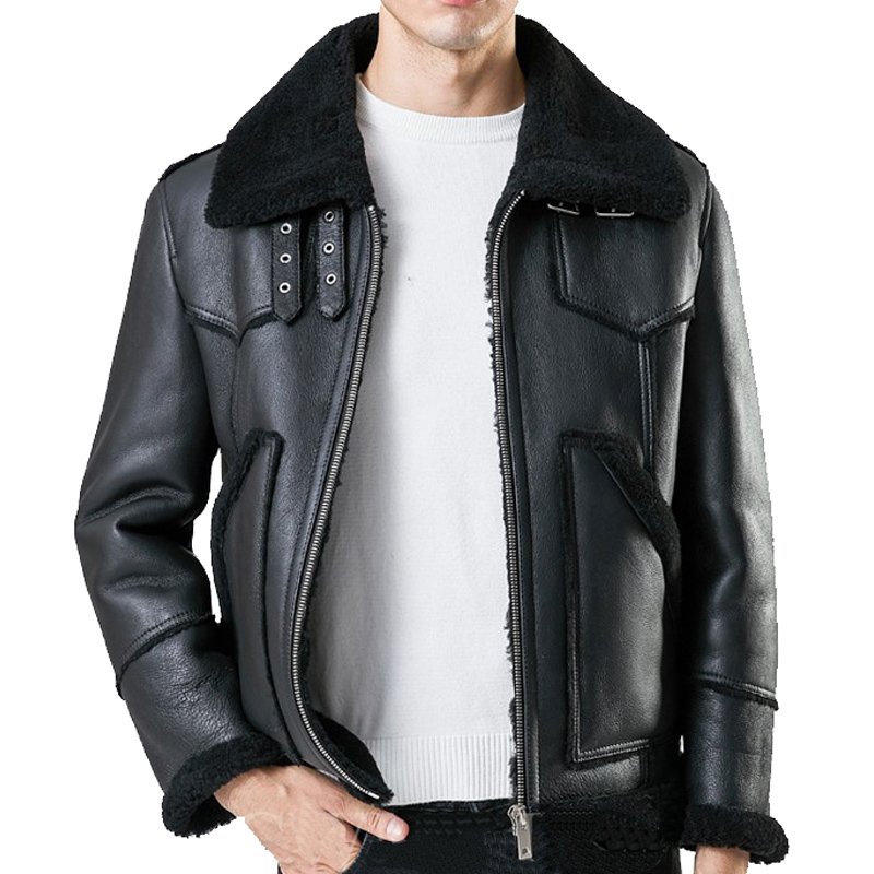 Mens Sheepskin Shearling Bomber Jackets Black