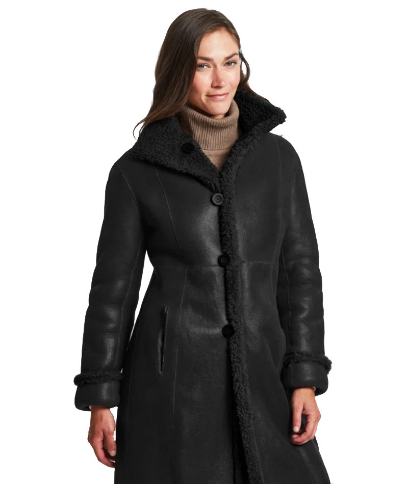 Black Leather Long Shearling Coat Womens