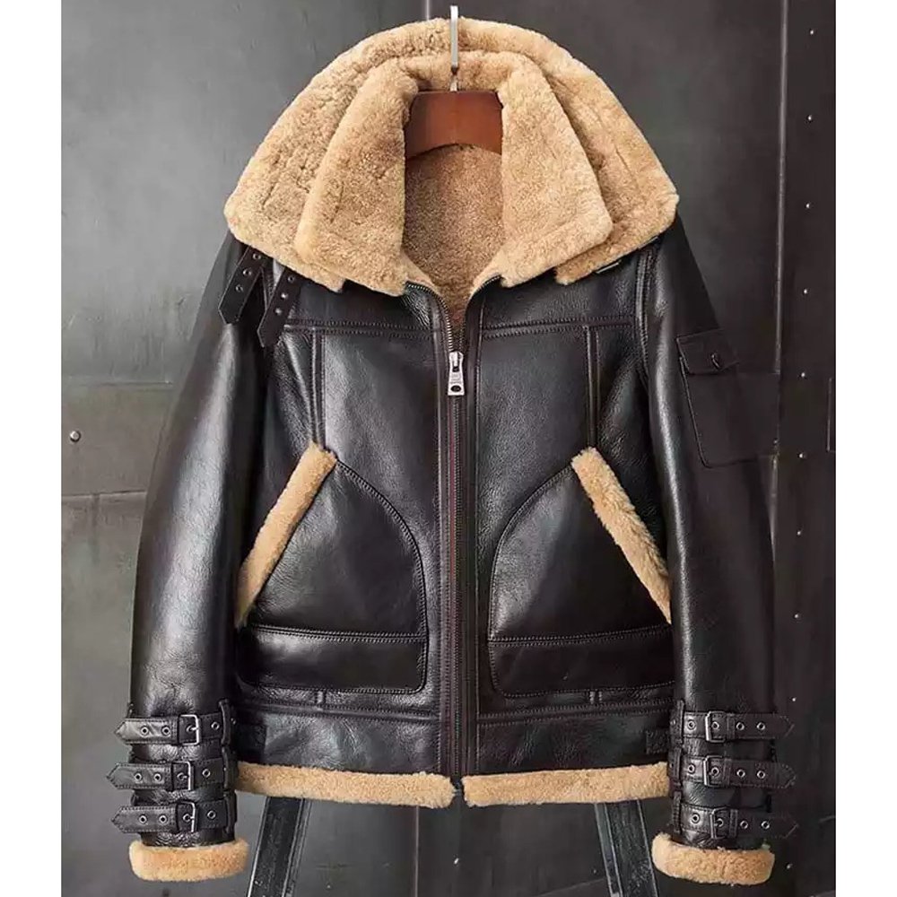 Mens Brown B3 Leather Bomber Jacket With Fur