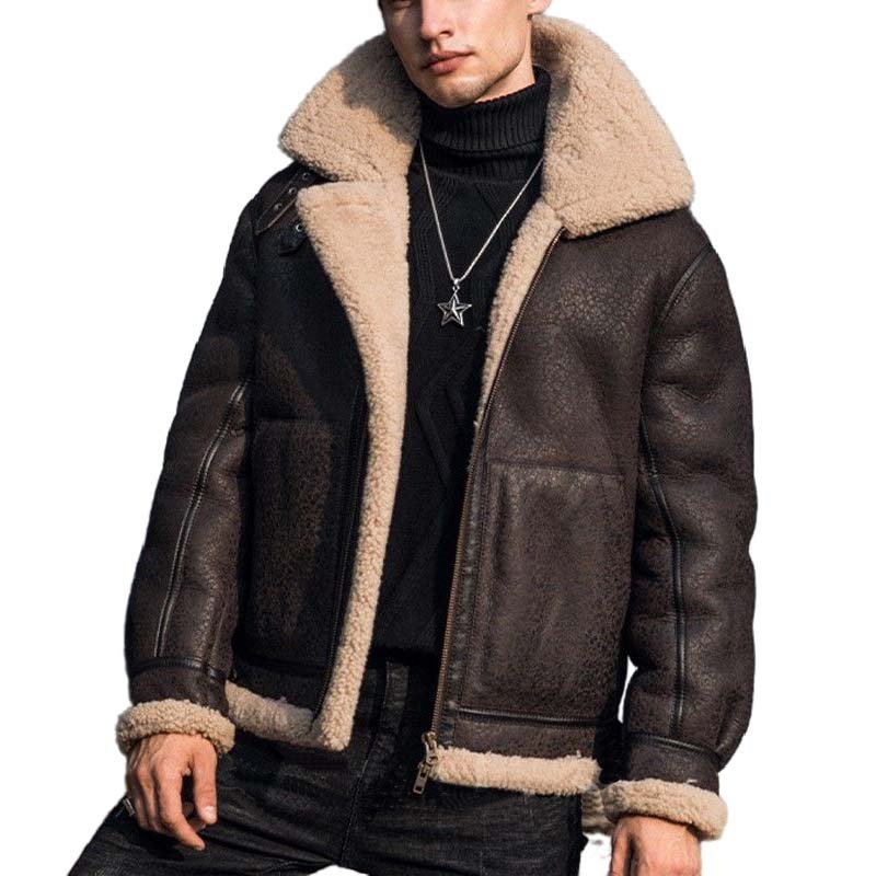 Mens Distressed Brown Sheepskin Aviator Jacket