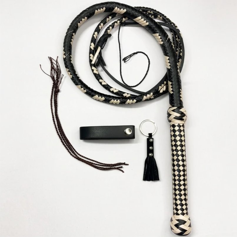 Cowhide Leather Bullwhip – Two Tone Black/Cream Cracking Whip