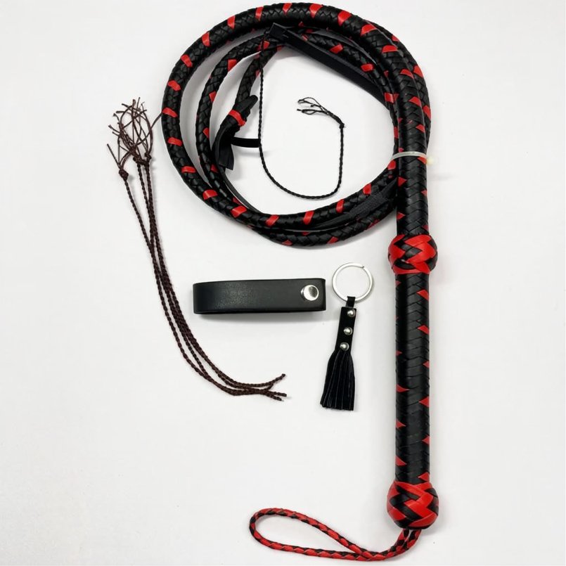 Plaited Cow Skin Bullwhip in Red and Black | Bullwhip for Sale