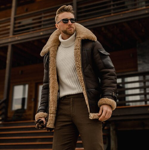 Mens Brown B3 Flying Aviator Shearling Leather Long Jacket Coat