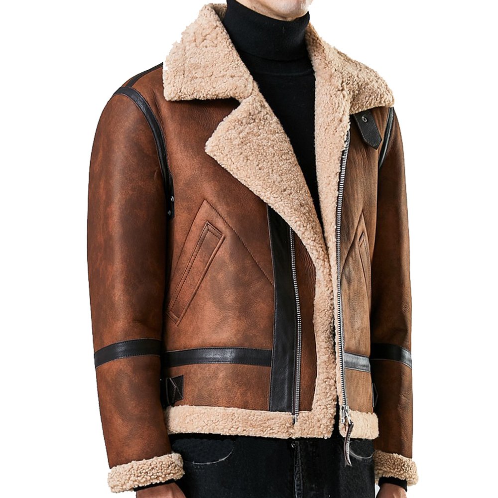 Mens Brown Sheepskin Shearling Bomber Jacket