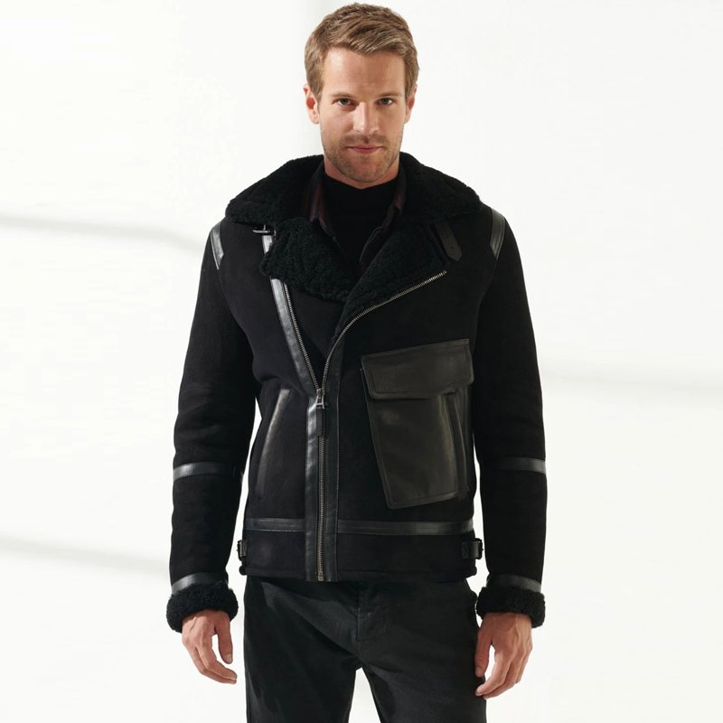 Men Aviator Black Shearling Jacket