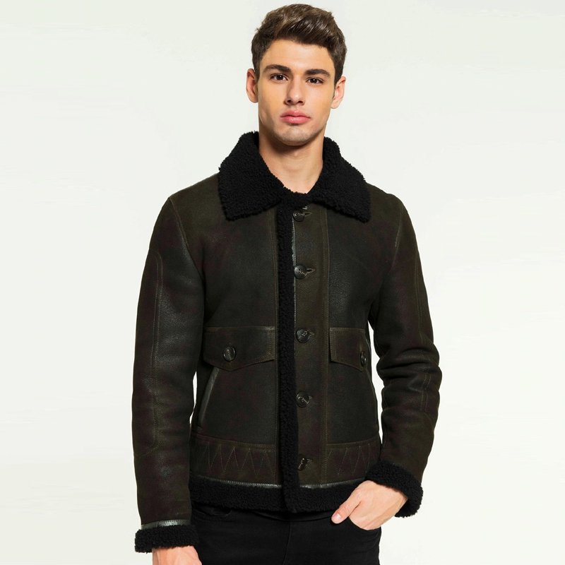 Men Aviator Dark Green & Black Shearling Jacket