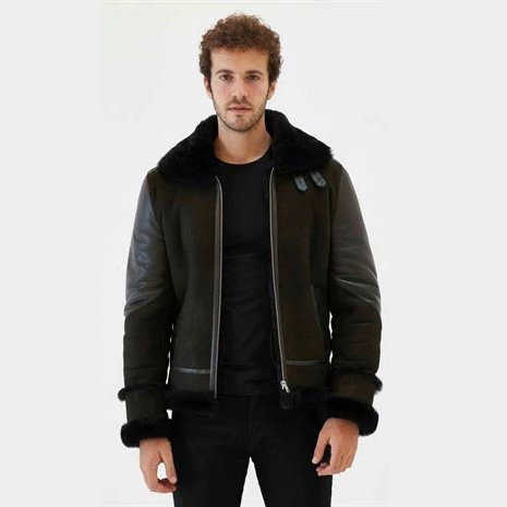 Men Aviator Dark Green & Black Shearling Jacket